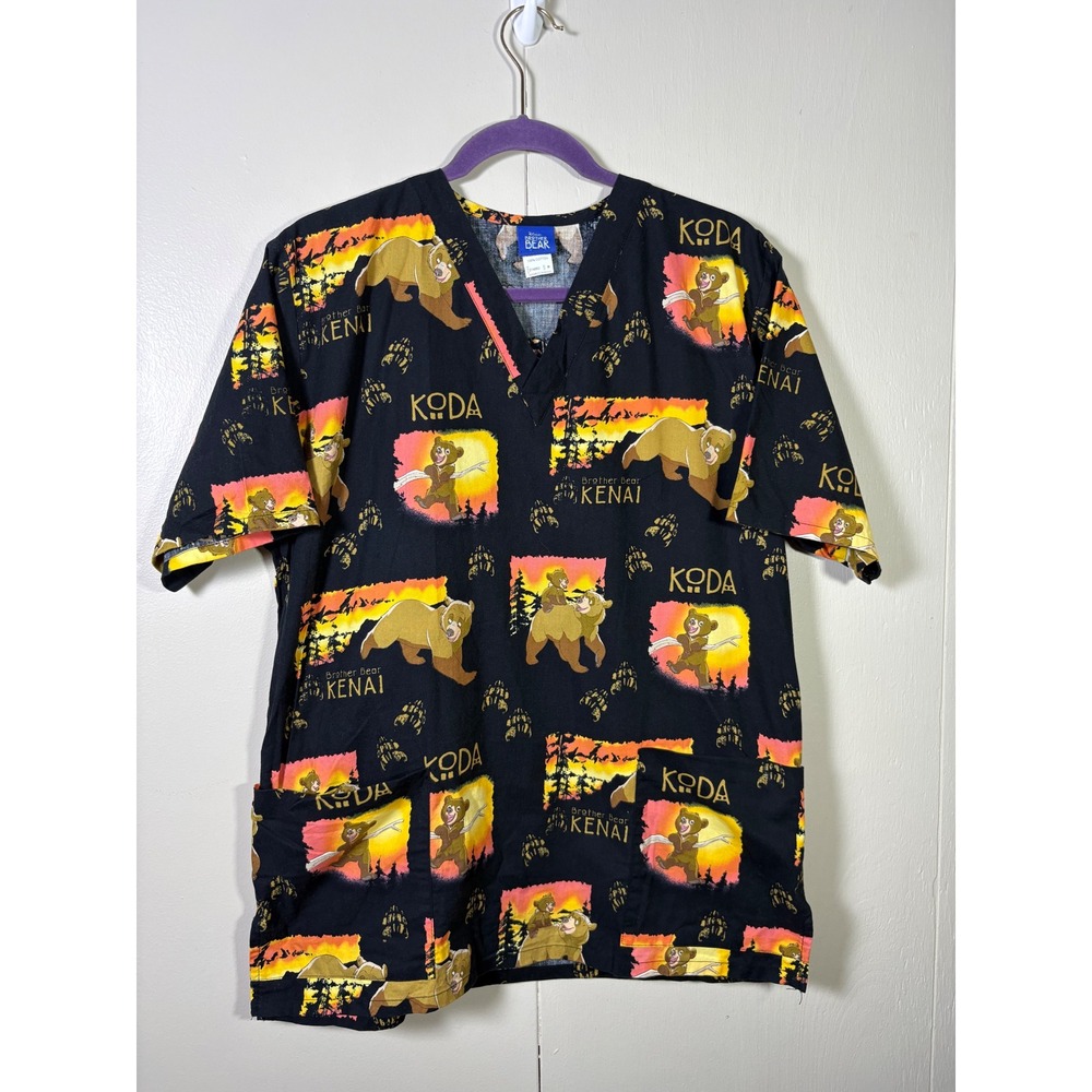 Disney Brother Bear Scrub Top Vtg Novelty Black M Y2K Nurse Nostalgic Whimsical